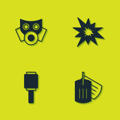 Set Gas mask, Military dog tag, Anti-tank hand grenade and Bomb explosion icon. Vector