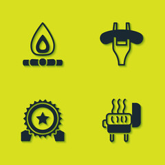 Set Campfire, Barbecue grill, Medal with star and Sausage on the fork icon. Vector