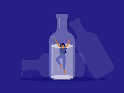 Female alcoholism concept. Afraid woman drowning in bottle of alcohol. Drunk wife or alcoholic mother asking for help. Social issue, drinker abuse, addiction. Empty drink bottles vector Illustration