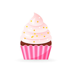Cartoon cupcake icon. Illustration of birthday cupcake decorated with pink cream and star sprinkles. Vector 10 EPS.