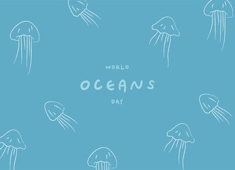 white jellyfish on blue background. background of textile, poster, banner.