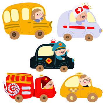 Happy little children ride in an ambulance, a fire truck, a cab, a police car. Vector illustration on white background in cartoon style. For print, web design.