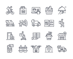 Food delivery thin line icon set. Bunch of minimalistic stickers with pizza delivery man, location, contactless payment and cups of coffee. Cartoon flat vector collection isolated on white background