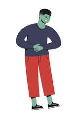 Cartoon illustration boy holding on to the stomach. Man suffering from stomach-ache, abdominal pain, griping. Health care, disease, illness, sickness concept. Flat vector cute character. Isolated.