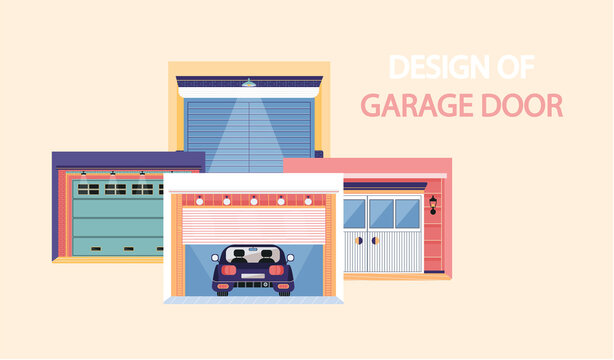 Garage with automatic gates design. Vehicle storage space, room for cars. Gates with lifting mechanism, place for automobile. working with design of garage doors in modern residental building
