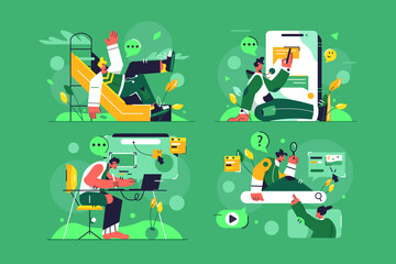 Man on slide, in smartphone, designer at work, search info set