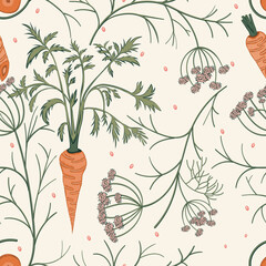 Vector seamless pattern with carrot and herb. Textile or print background. Healthy life concept. Kitchen wallpaper design.