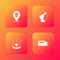 Set Scallop sea shell, Diving hood, Pearl and Flashlight for diver icon. Vector