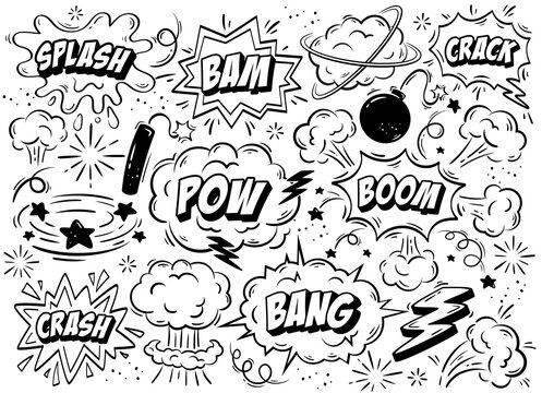 Set of comics bombs and explosions. Speech bubbles with words splash, bam, crack, pow, boom, crash and bang. Design elements for print. Cartoon flat vector collection isolated on white background