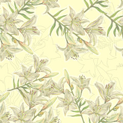 Seamless background with watercolor lily.