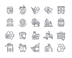 Naklejka premium Honey, Apiary, Beekeeping thin line icon set. Minimalistic stickers with honeycombs, wax candles, insects and gloves for collecting honey. Cartoon flat vector collection isolated on white background