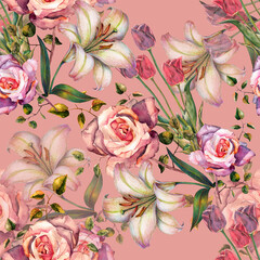 Seamless background with watercolor rose, lily and tulip.