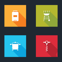 Set Jam jar, Barbecue grill, Cooking pot and Wine corkscrew icon. Vector