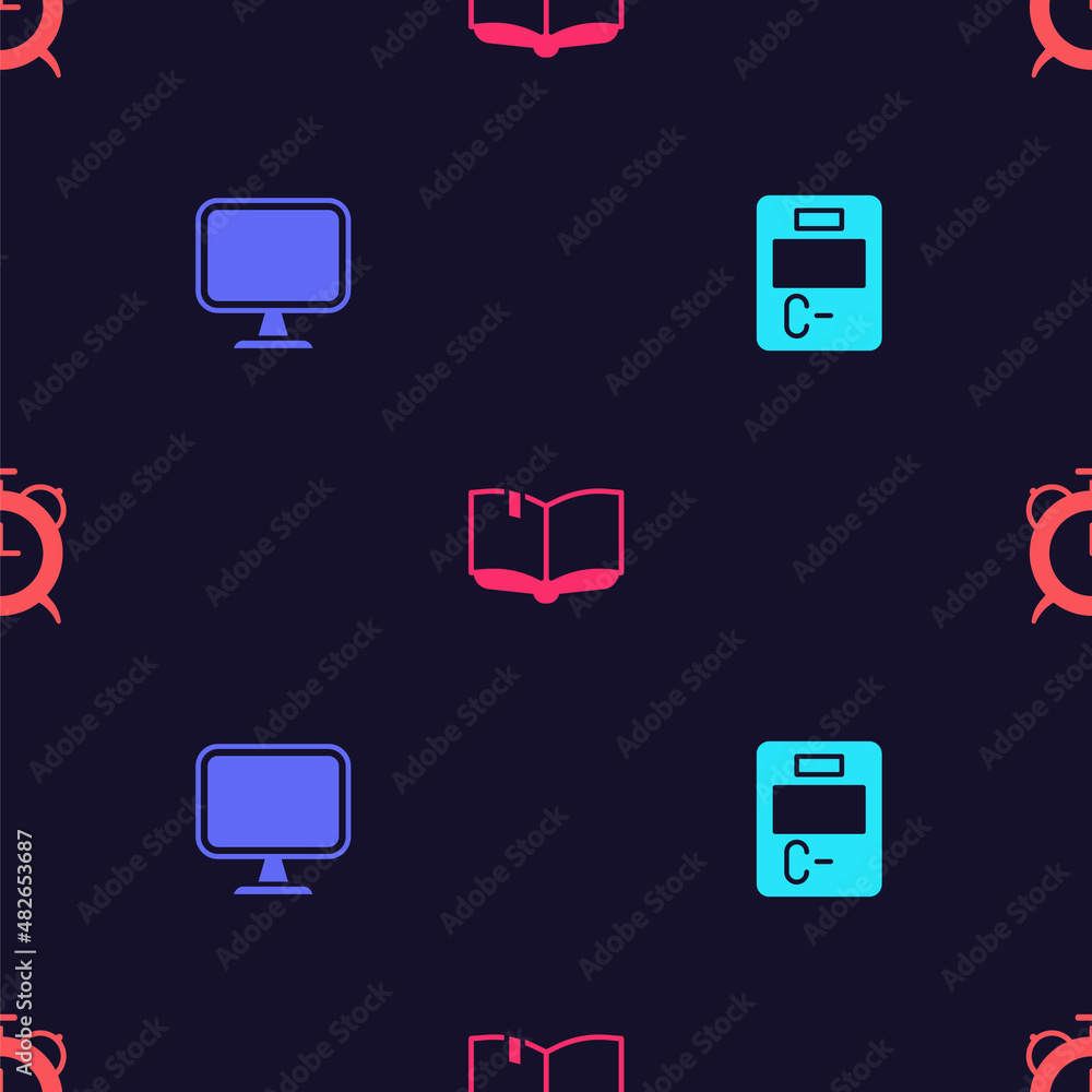 Poster set exam paper with incorrect answers, computer monitor, open book and alarm clock on seamless patte