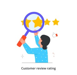 Customer review rating concept. Woman holds magnifying glass and searches for ratings, comments and user reviews. Female character chooses best service using feedback. Cartoon flat vector illustration