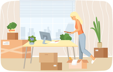 Fototapeta premium Woman moving to new house or office with things in cardboard boxes, removal, changing place of residence. Moving to new apartment, relocation. Lady packs things to shipping. Rental of premises concept