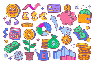 Abstract set of money. Retro stickers with coins, piggy bank, banknotes, currency, credit card, profit and wallet. Design for printing. Cartoon flat vector collection isolated on white background