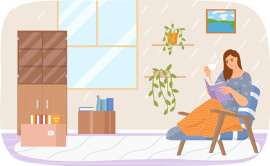 Cute young woman in chair reading book drinking tea. Home and beauty girl literature and information. Lady studying textbook. Person spends time rests in apartment with paper book and cup of hot drink