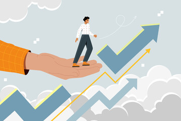 Obraz premium Assistance to employee in career growth. Big hand takes man entrepreneur to next level. Professional development, skills improvement and motivation. Cartoon contemporary flat vector illustration