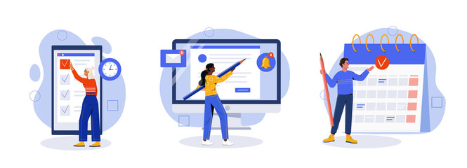 Business management set. Men and women plan work task, make to do list, respond to email and notification. Time management and scheduling. Cartoon flat vector collection isolated on white background