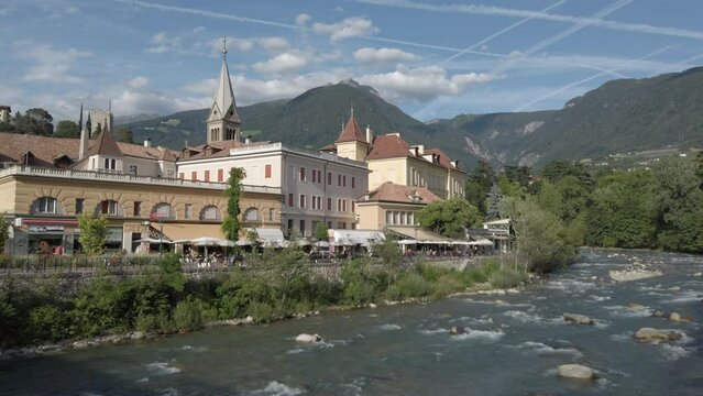 View of Merano old town with Passer River in South Tyrol, 4k footage