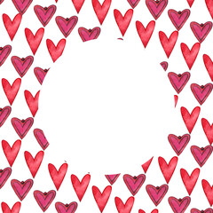 Obraz premium Round frame for Valentine's Day with hand-painted watercolor elements: hearts, the inscription love on a white background. Suitable for design, invitations, postcards.