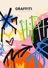 Abstract graffiti poster. Street art with multicolored pattern, inscription, splashes and spots. Bright design element for banner, application and printing on paper. Cartoon flat vector illustration © Rudzhan