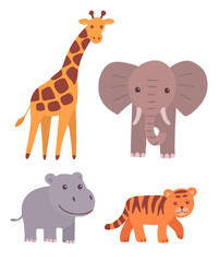 Set of wild animals on a white background. Elephant, giraffe, tiger and hippopotamus. Zoo mammal. Vector isolated cartoon illustration for kids