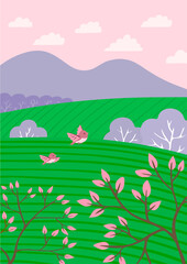 Fototapeta na wymiar Cute spring landscape with fields and forests. Beautiful view. Leaves on the trees, birds fly. Green grass. Mountain and sky with clouds. Cartoon vector illustration