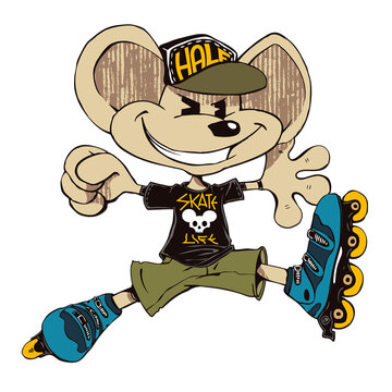 Mouse mascotte jumping with inline skates. Sport mascotte old school athlete inline skating.