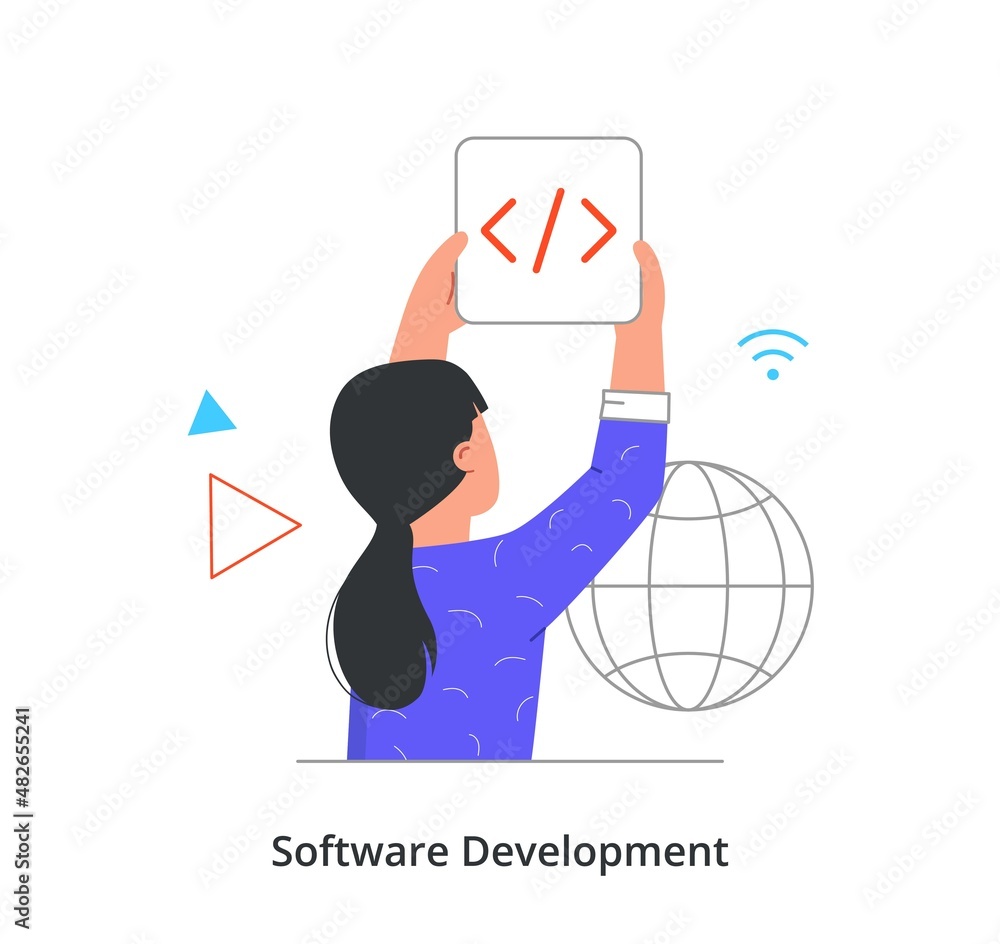 Aufkleber software development abstract concept. young woman holds sign of programming tool and creates new we