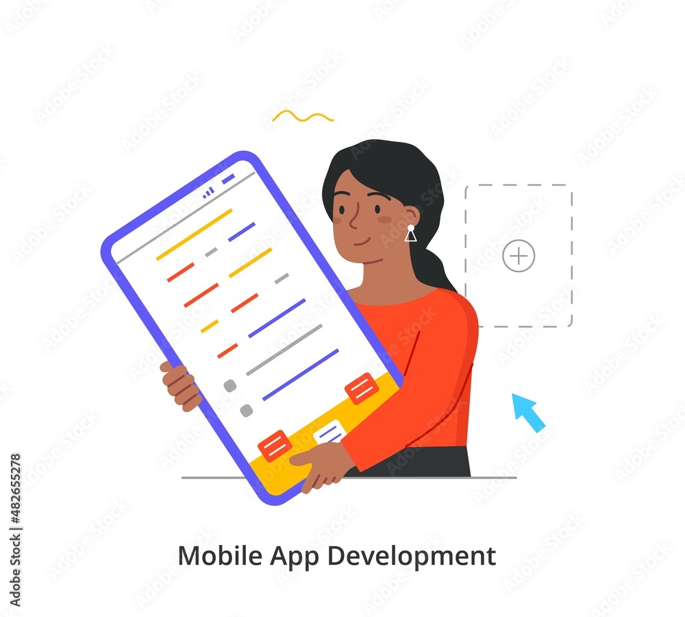 Aufkleber mobile application development abstract concept. woman holds large smartphone with code to develop a