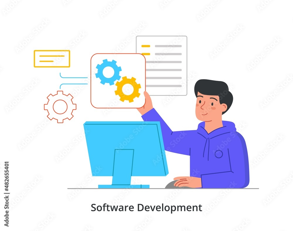 Poster website development abstract concept. male programmer sits at his desk and configures program files 