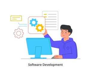 Website development abstract concept. Male programmer sits at his desk and configures program files of website or landing page. Development, improvement and coding. Cartoon flat vector illustration