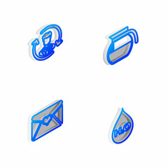 Set Isometric line Coffee pot, Human resources, Envelope with Valentine heart and Water drop H2O icon. Vector