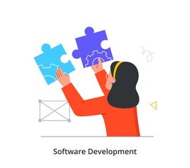 Software Development abstract concept. Young woman holds puzzle pieces with site settings and connects them. Programmer develops digital product and improves its. Cartoon flat vector illustration