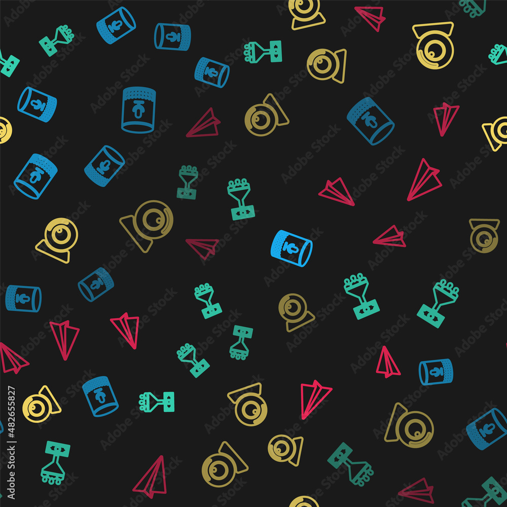 Poster set line voice assistant, lead management, web camera and paper plane on seamless pattern. vector