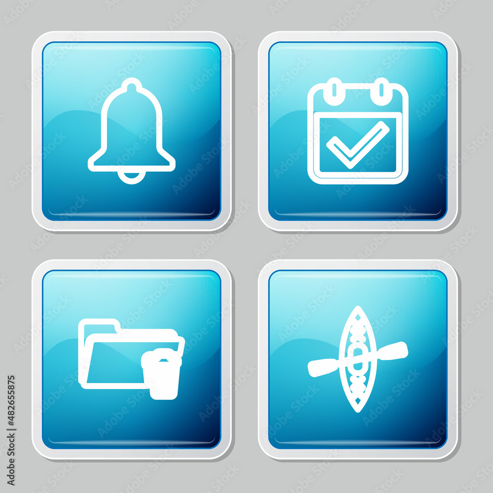 Poster set line ringing bell, calendar with check mark, delete folder and kayak and paddle icon. vector