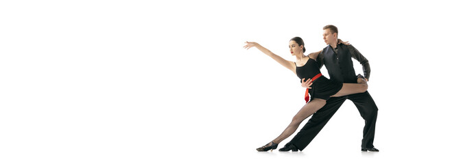 Horizontal flyer with flexible young dancers dancing Argentine tango isolated on white studio...