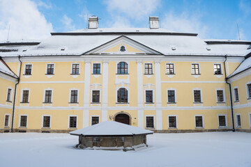 Cistercian monastery castle Zdar nad Sazavou in winter, Czech Republic