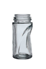 An empty glass bottle for perfumes and deodorant without a lid. Isolated on a white background.