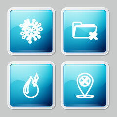 Set line Bacteria, Folder service, Clean water drop and Location icon. Vector