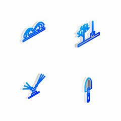 Set Isometric line Planting tree in the ground, Automatic irrigation sprinklers, and Garden trowel spade or shovel icon. Vector
