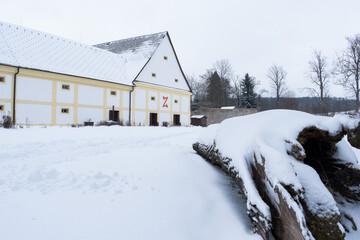 Cistercian monastery castle Zdar nad Sazavou in winter, Czech Republic