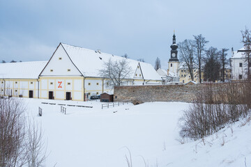 Cistercian monastery castle Zdar nad Sazavou in winter, Czech Republic