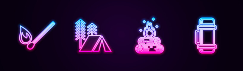 Obraz premium Set line Burning match with fire, Tourist tent, Campfire and Thermos container. Glowing neon icon. Vector