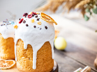 Easter cake kulich colored homemade baking bright sweet dessert celebratory holiday orthodox christians easter treat healthy meal food snack on the table copy space food background rustic top view