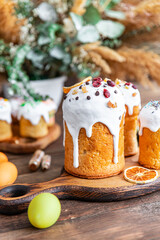 Easter cake kulich colored homemade baking bright sweet dessert celebratory holiday orthodox christians easter treat healthy meal food snack on the table copy space food background rustic top view