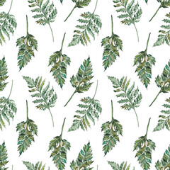 Watercolor painting seamless pattern with green fern leaves