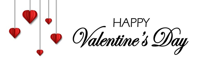 Happy Valentine's Day greeting banner - lettering in black colour and red hearts hanging on twine - 3D Illustration